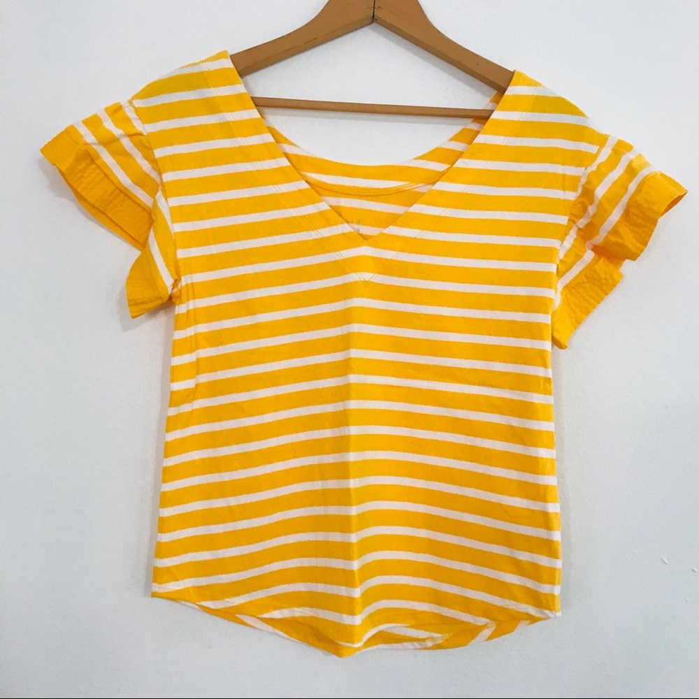 A New Day Yellow/White Striped Ruffle V Neck XS